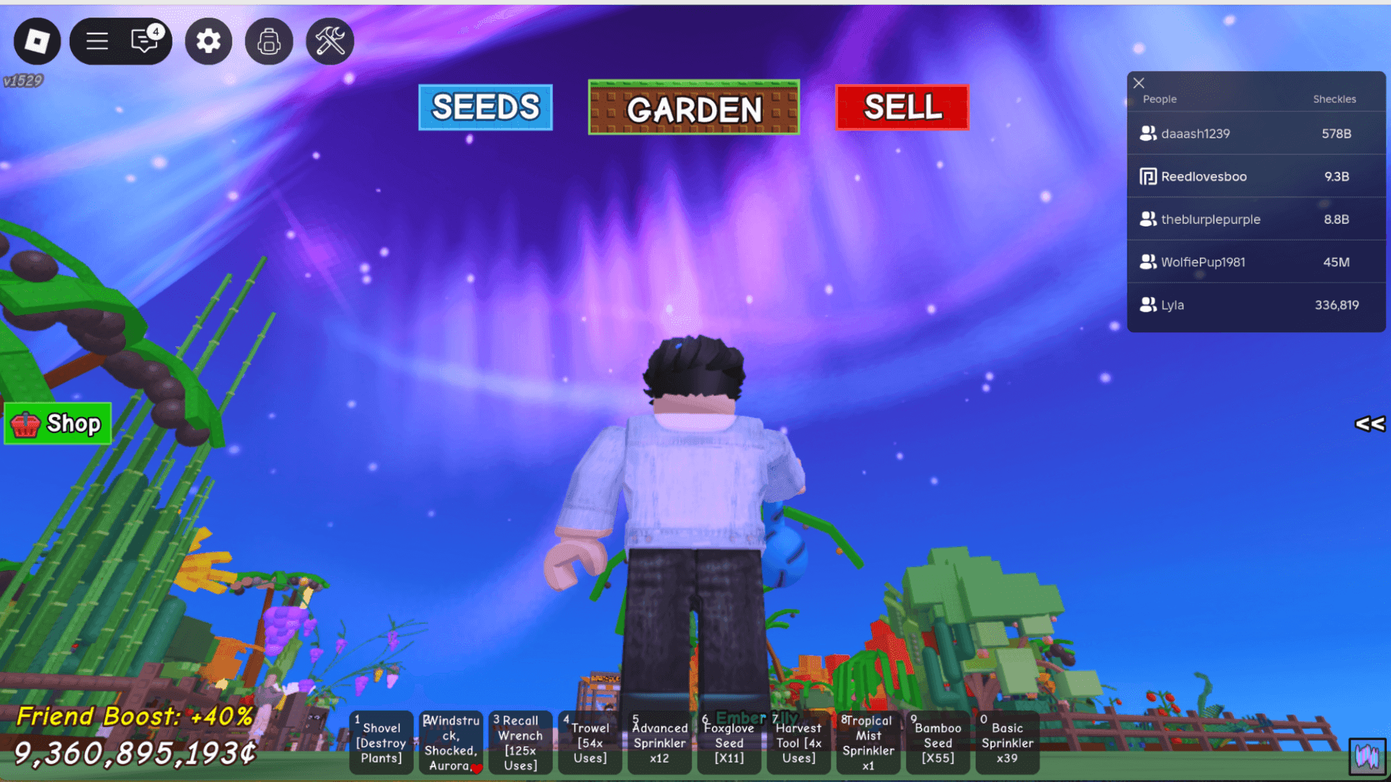 Un colorido pantallazo del juego de Roblox Grow a Garden que muestra sus mecánicas de simulador de granja.