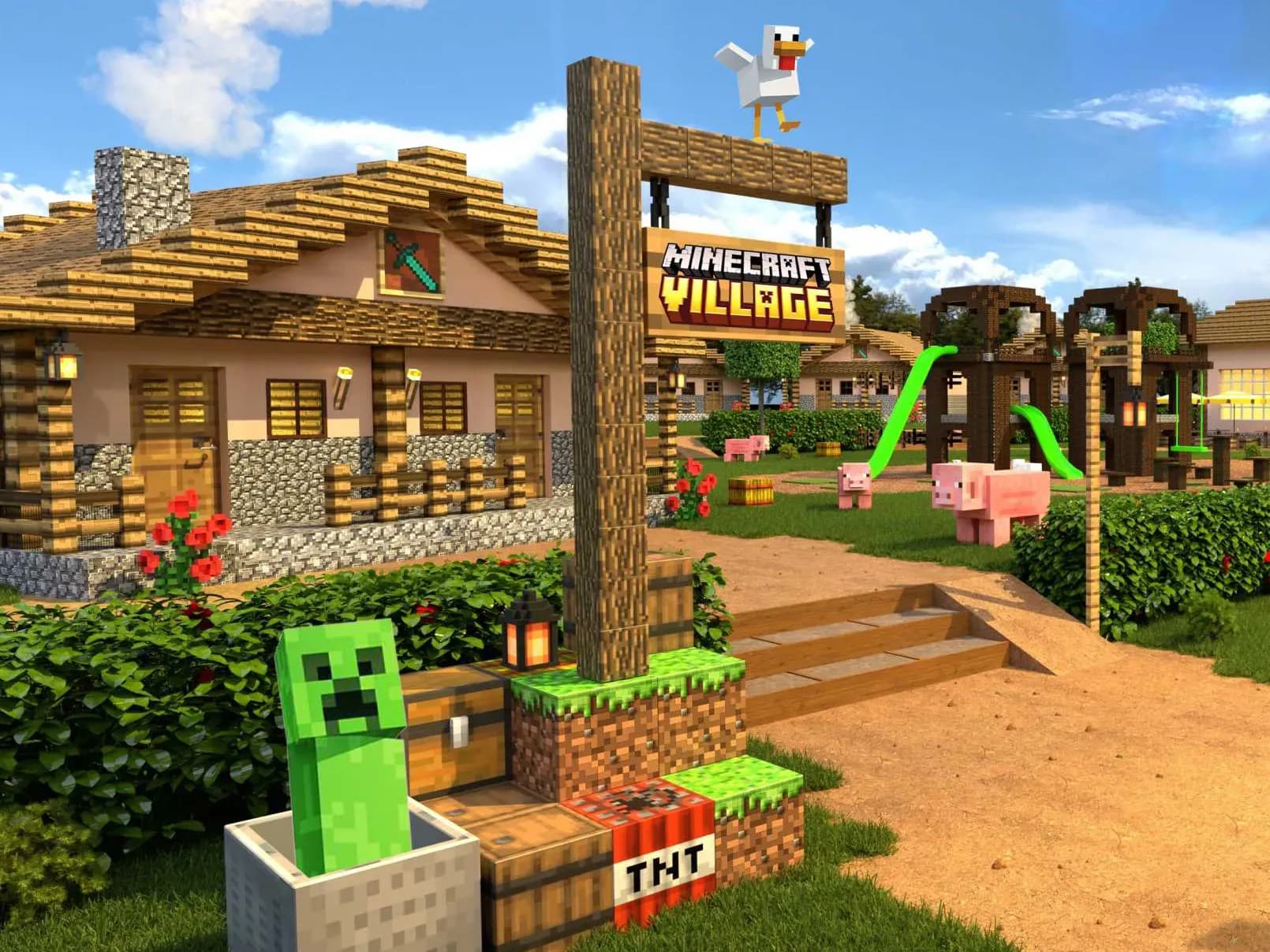 A vibrant Minecraft village with houses and signs, ideal for establishing a trading hub with NPCs.