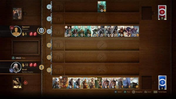 A vendor in The Witcher 3 offering various Gwent cards for purchase.