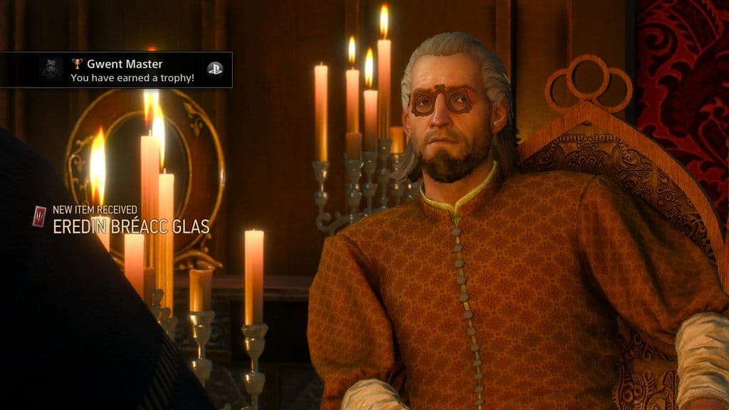 Geralt of Rivia prepares for the Gwent High Stakes tournament in Novigrad in The Witcher 3.