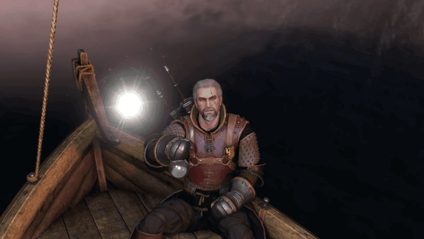 Geralt of Rivia sits in a boat at night during The Isle of Mists quest in The Witcher 3.