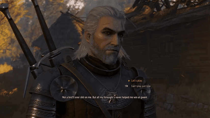 Geralt speaks with a Gwent-playing NPC in Novigrad to earn new cards.