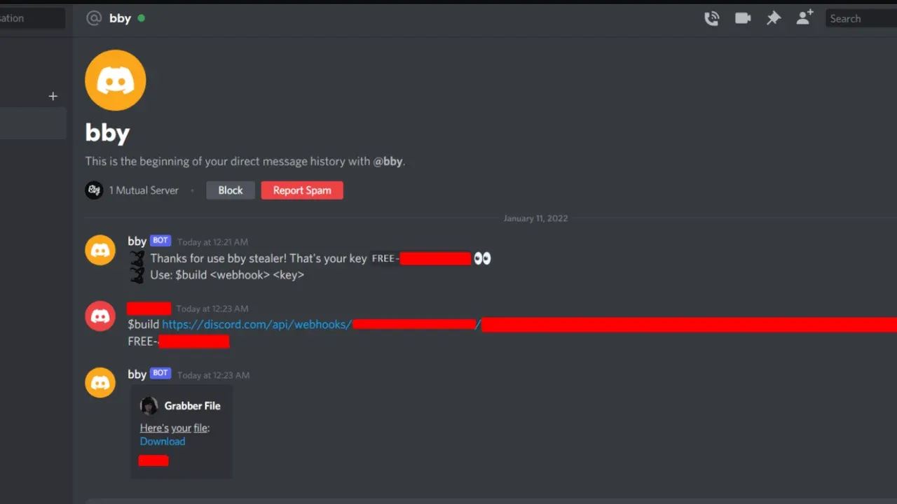 A Discord chat log showing a common Roblox cookie logging and phishing scam involving a fake Nitro bot.