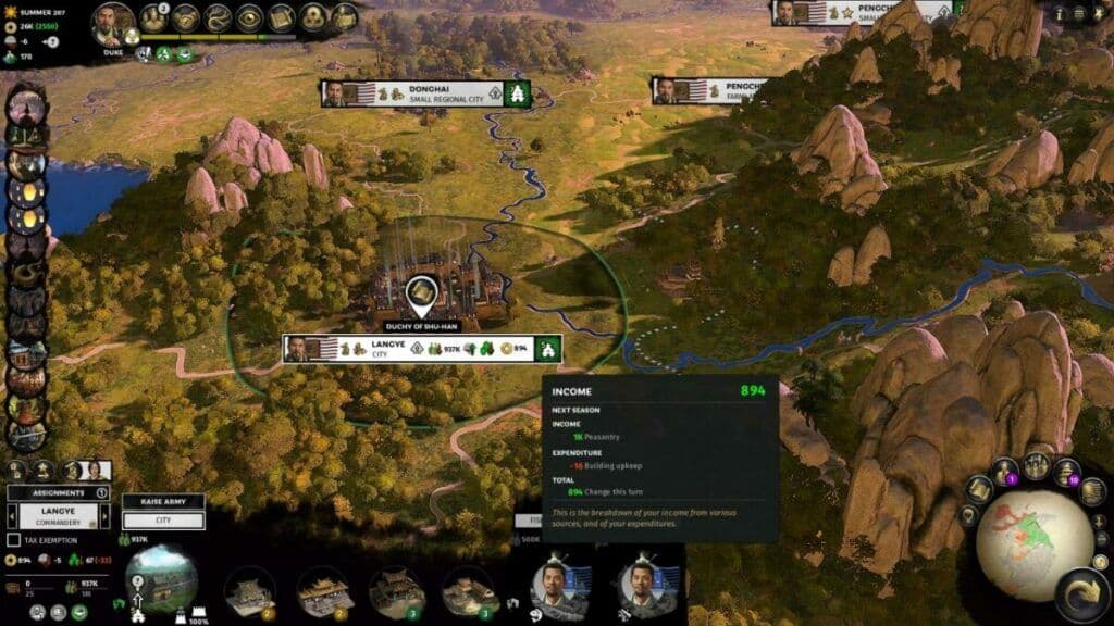 Strategic map in War of the Three Kingdoms showing supply management and territory resource icons.