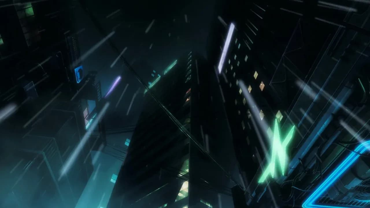 Neon city skyline from the official Cyberpunk: Edgerunners 2 cover art
