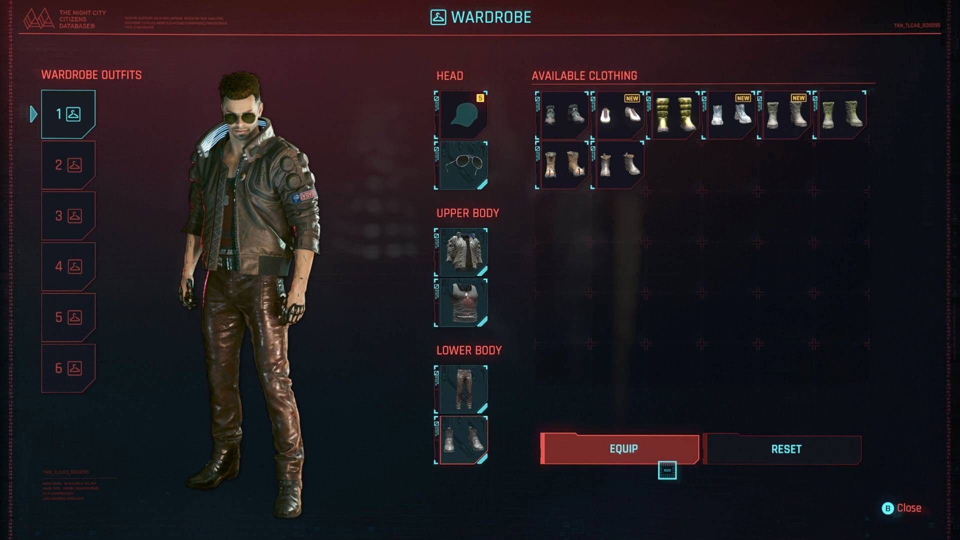 Cyberpunk 2077 Wardrobe screen with V's saved outfit and clothing appearances