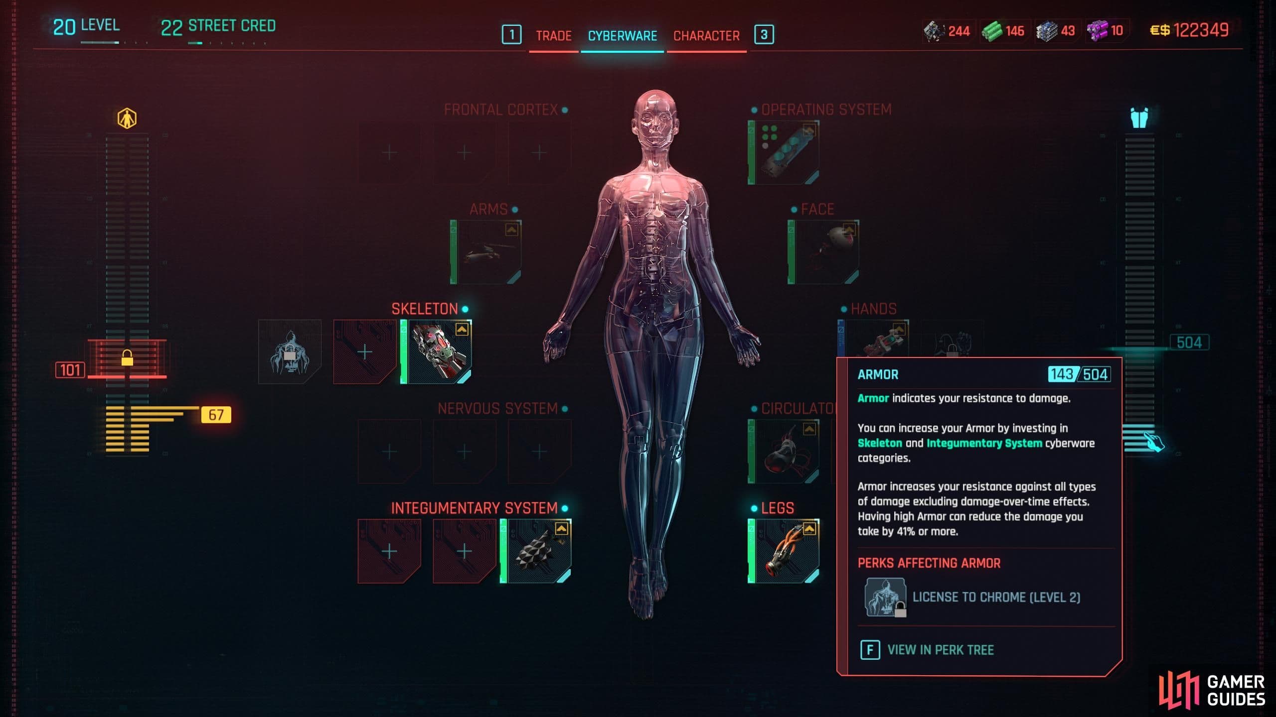Cyberware screen showing V's Armor panel and defensive implants in Cyberpunk 2077