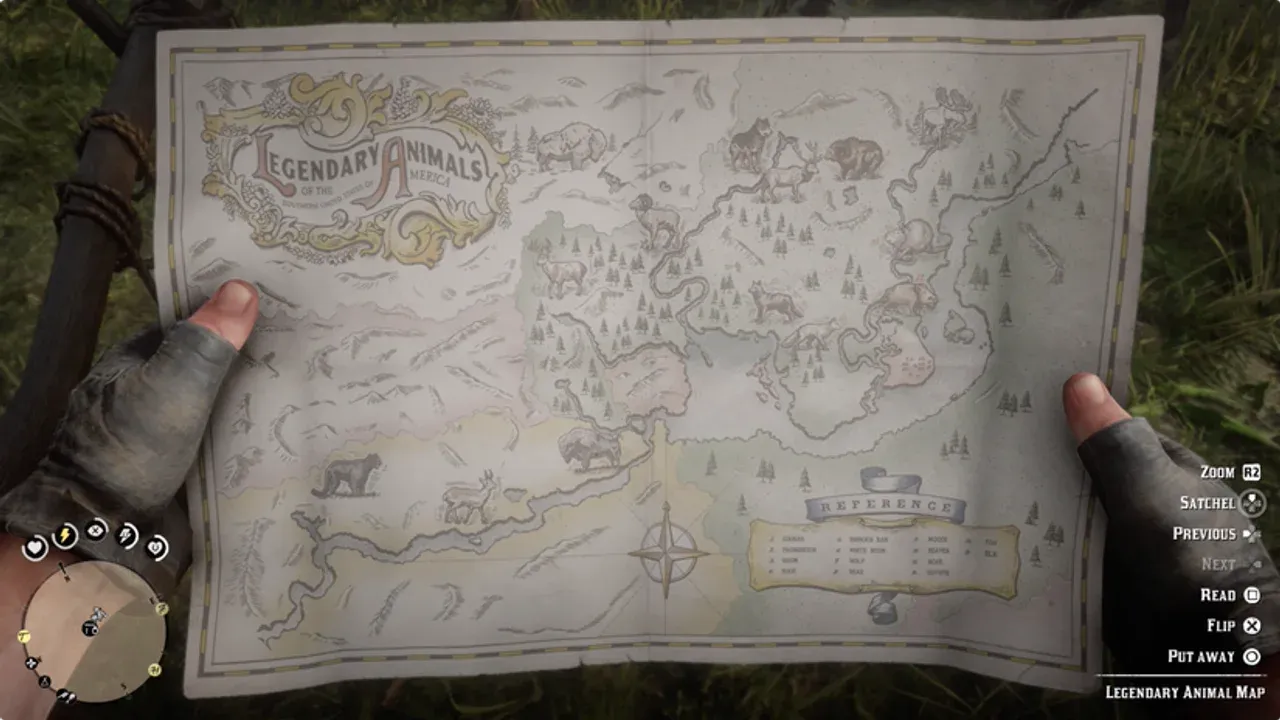 Arthur Morgan holding the in-game Legendary Animals of the Americas map in Red Dead Redemption 2.