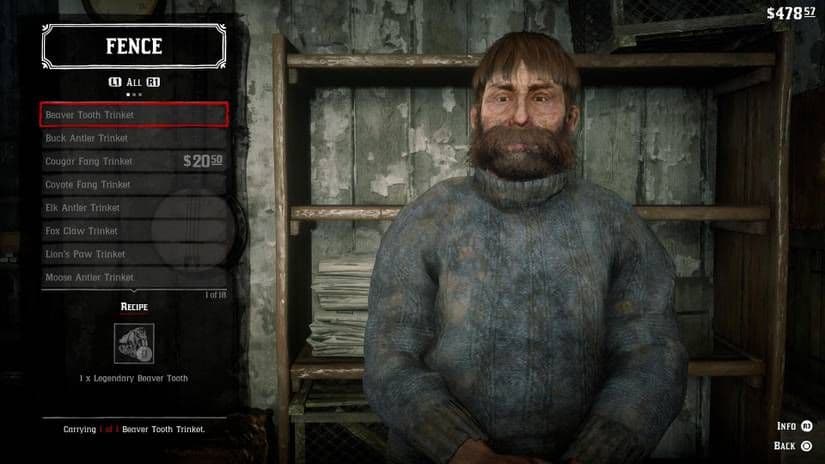 Un menú en Red Dead Redemption 2 que muestra los abalorios y talismanes de animales legendarios disponibles para fabricar.