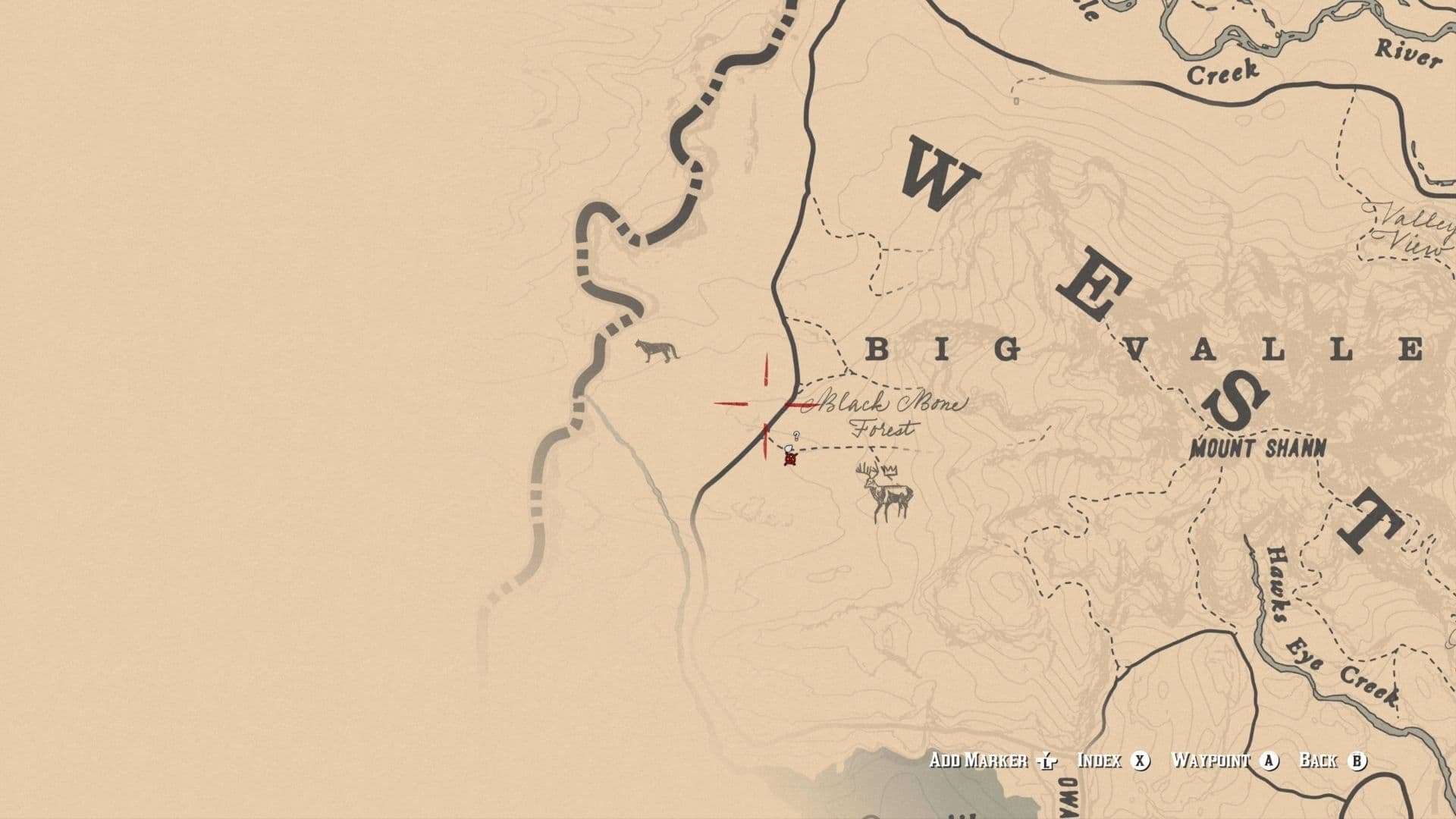 Mapa que muestra la ubicación del ciervo legendario en Big Valley, West Elizabeth en Red Dead Redemption 2.