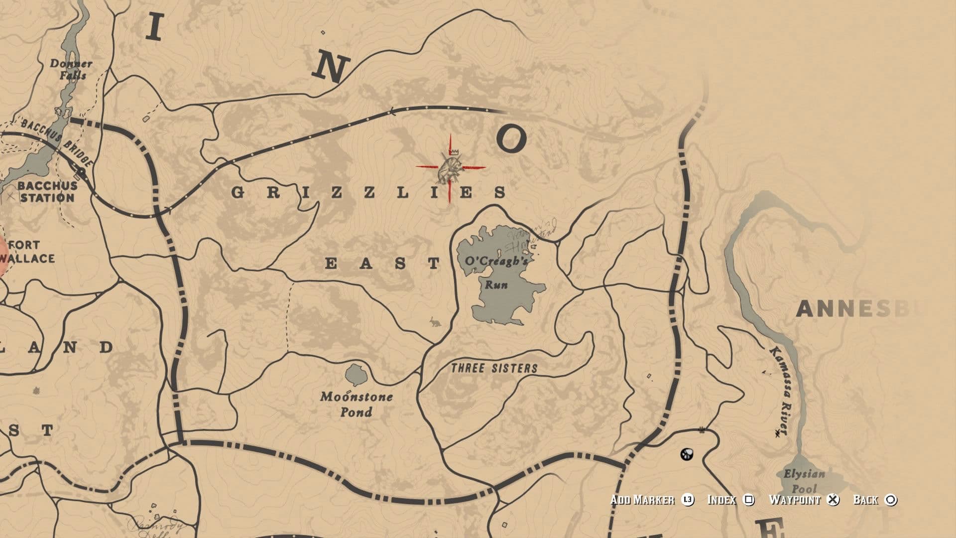 Mapa que muestra la ubicación del oso grizzly Bharati legendario en Grizzlies East para Red Dead Redemption 2.