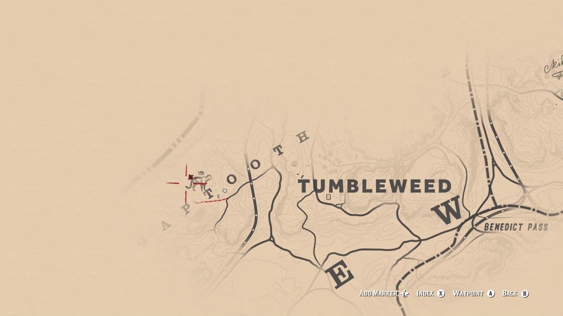 Mapa que muestra la ubicación del puma legendario en Gaptooth Ridge, New Austin en Red Dead Redemption 2.