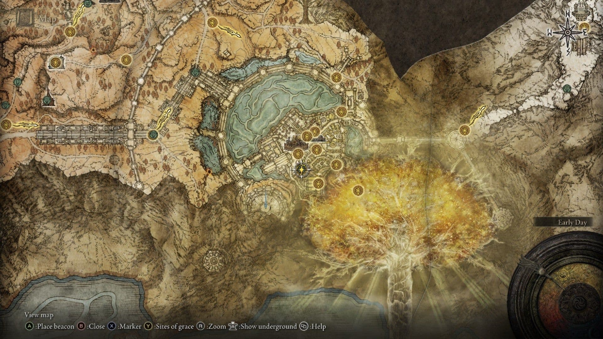 Ubicación en el mapa de la Semilla Dorada encontrada cerca de la Muralla occidental de la capital en Leyndell de Elden Ring.