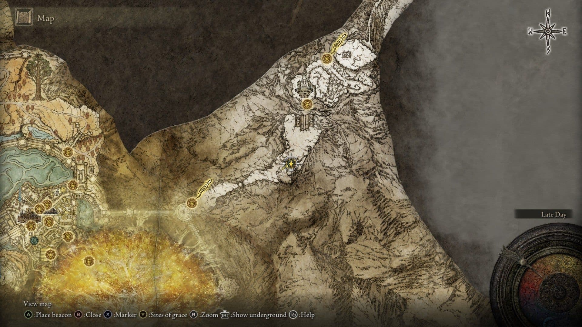 Mapa de Elden Ring mostrando la ubicación de la Semilla Dorada en las Tierras Prohibidas que llevan a los Picos de los Gigantes.