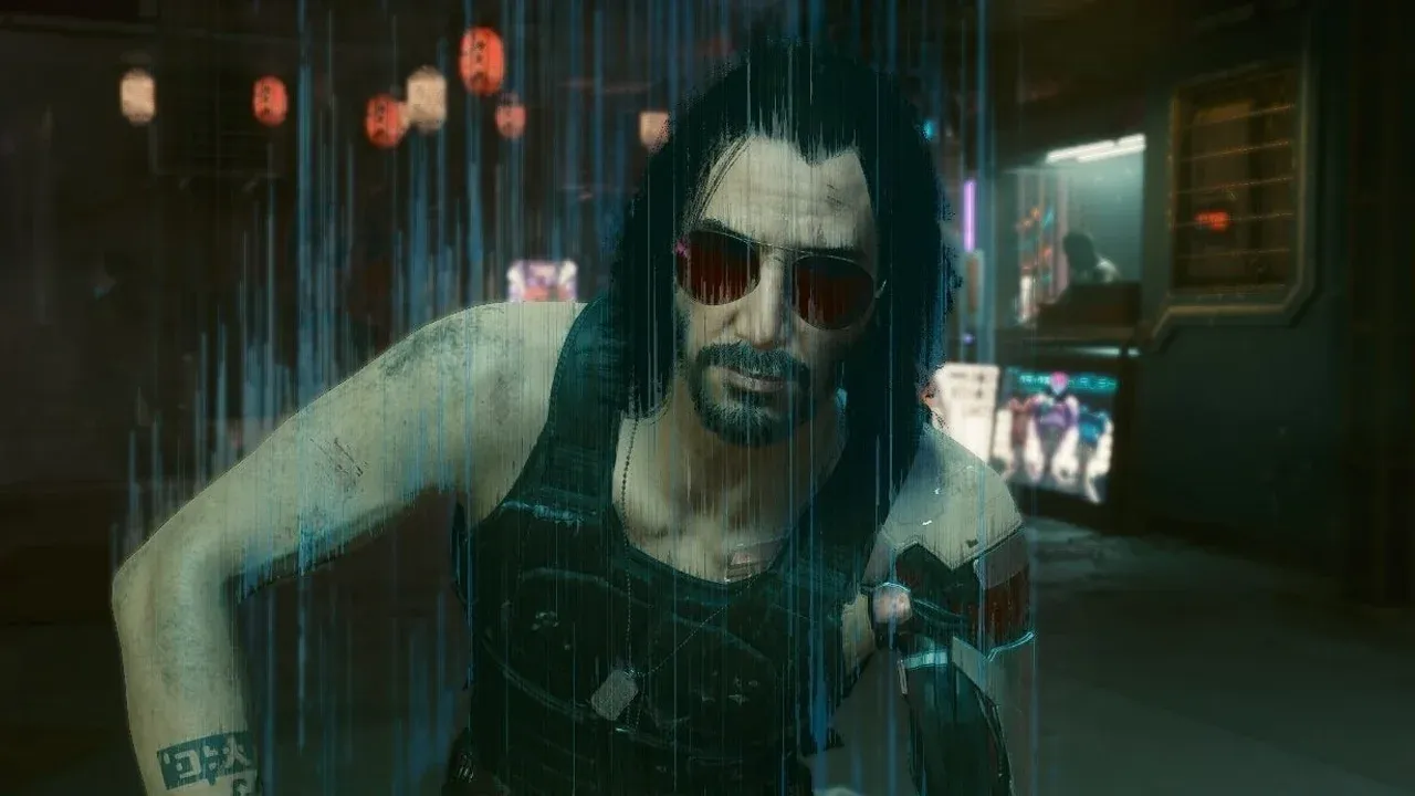 V wearing Johnny Silverhand's iconic Samurai jacket and aviators while holding his Malorian Arms 3516 in Cyberpunk 2077.