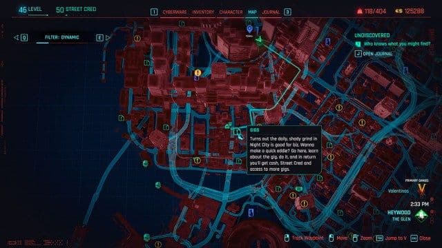 Cyberpunk 2077 Night City map highlighting quest locations for Johnny Silverhand's gear.