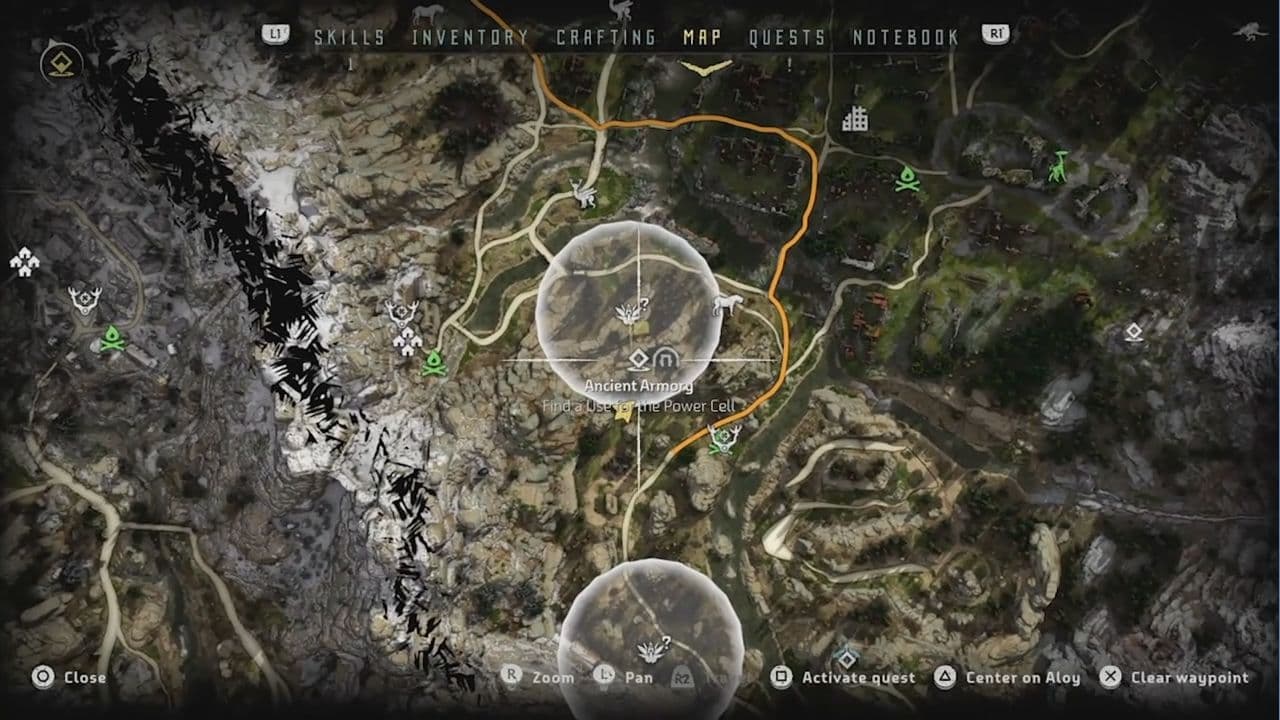 A map view of the mountainous region in Horizon Zero Dawn showing the Ancient Armory quest location.
