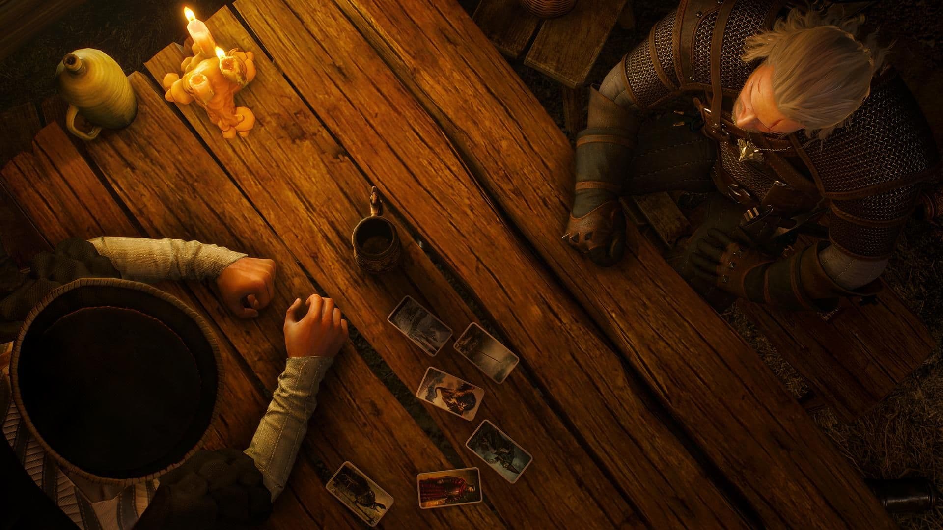 A Gwent match in progress in The Witcher 3 Wild Hunt showing the board layout and card rows.