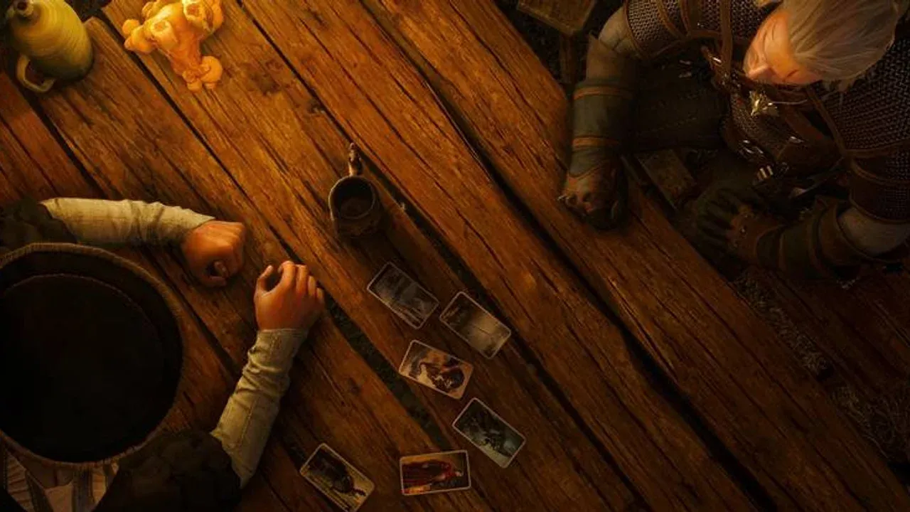 Geralt of Rivia plays a high-stakes match of Gwent in The Witcher 3 to collect rare cards.