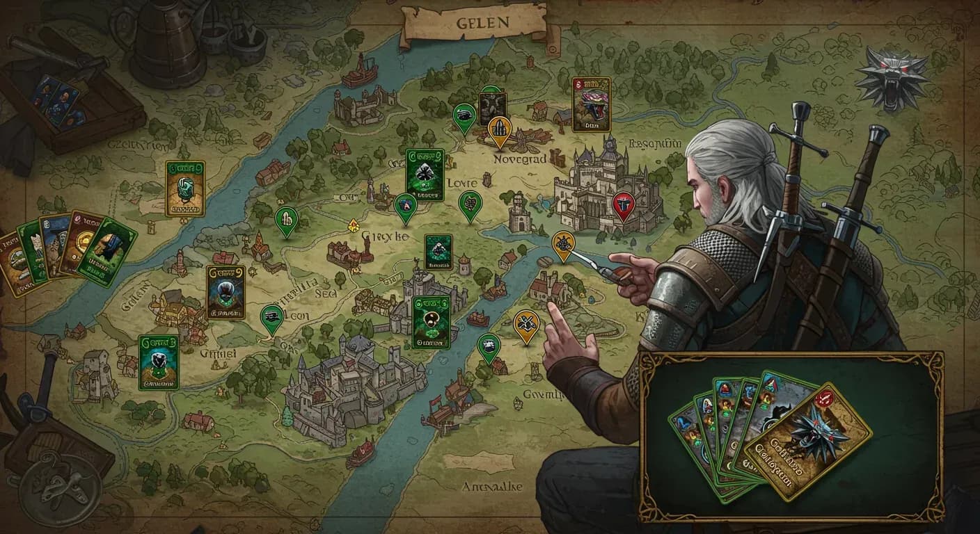 Geralt of Rivia examining a Gwent deck with cards fanned out over a map of the game world.