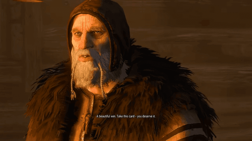 An old man gives Geralt a rare Gwent card after a successful quest in The Witcher 3.
