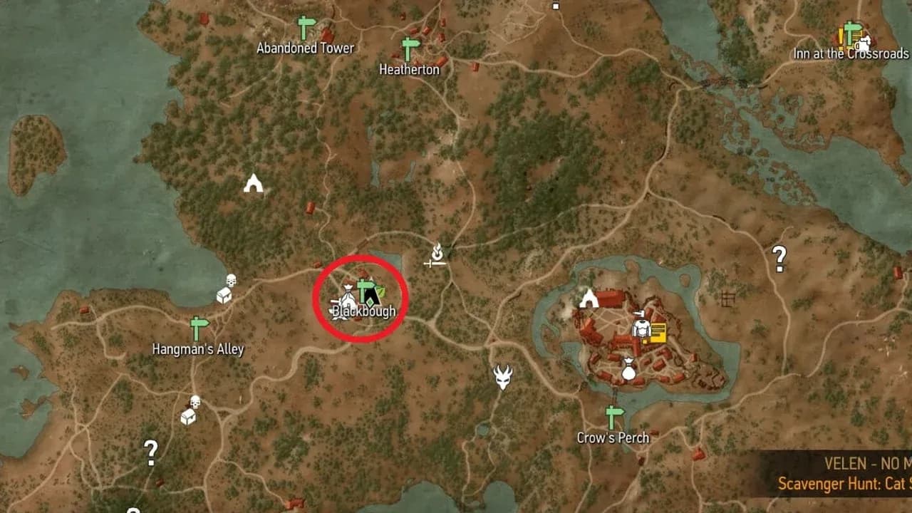 The Witcher 3 Wild Hunt map highlighting Blackbough and Crow's Perch for Cat School gear scavenger hunts.