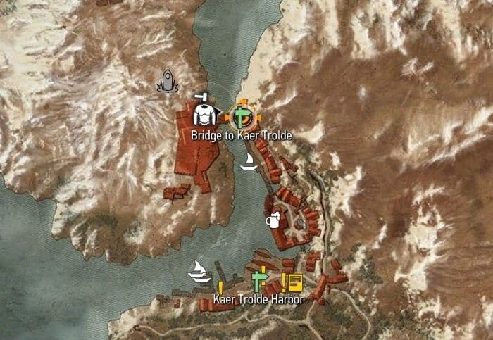 The Witcher 3 map showing Kaer Trolde Harbor in Skellige where Bear School gear maps are found.
