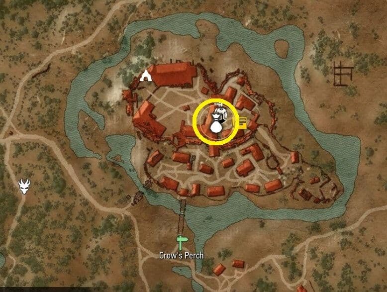The Witcher 3 map highlighting the Crow's Perch merchant who sells Feline gear scavenger hunt notes.