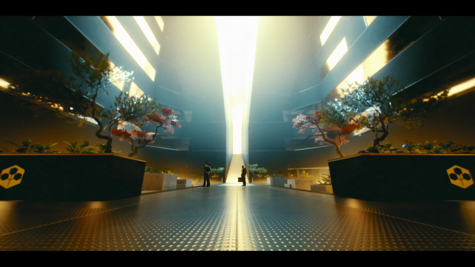 Interior atrium of Arasaka Tower with a bright central light and bonsai trees