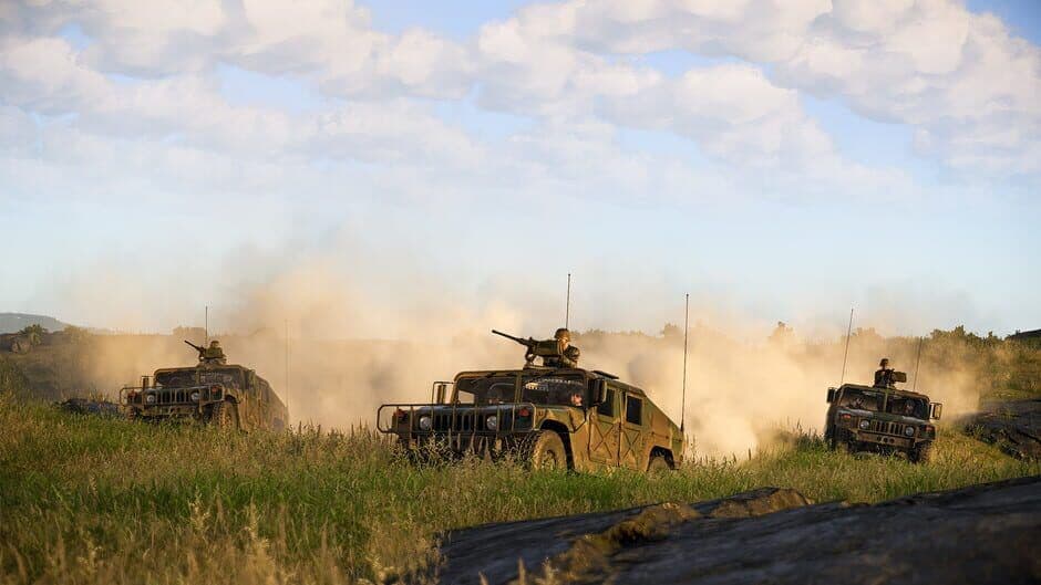Arma Reforger squad members coordinate their movement during a high-stakes firefight.