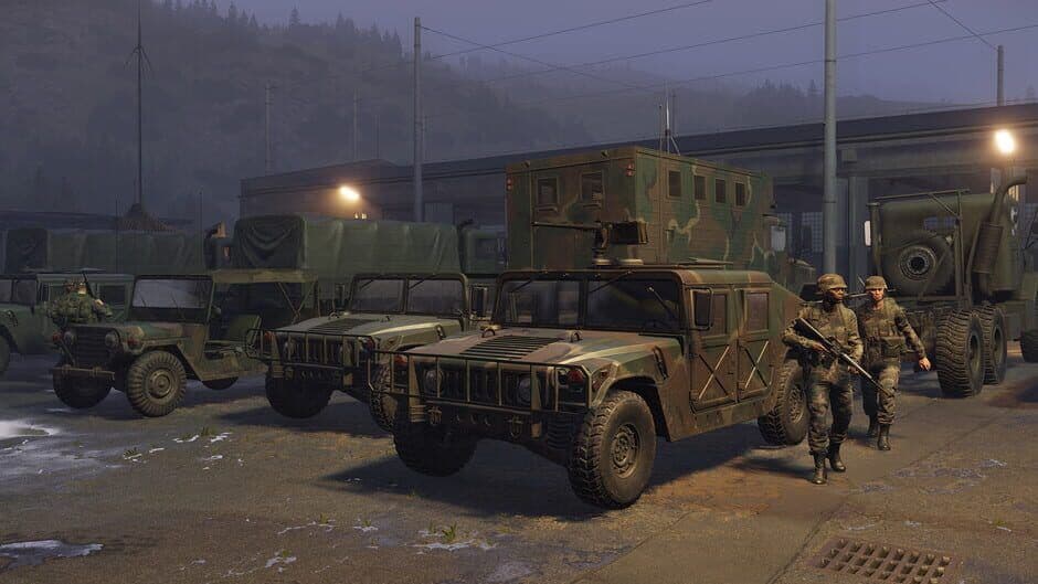 Soldiers utilize cover during a base assault in Arma Reforger Conflict mode.