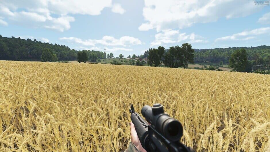 Arma Reforger soldiers patrol a dense forest during a Cold War simulation mission.