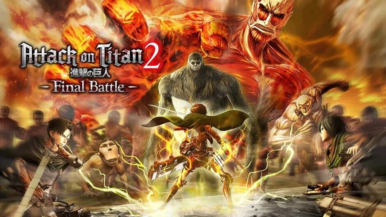 Eren Yeager in Titan form battles the Armored Titan in this dramatic Attack on Titan 2: Final Battle artwork.