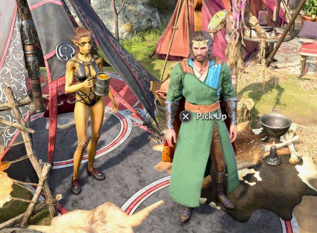Gale selected as the main character in Baldur's Gate 3 interacting with Lae'zel.