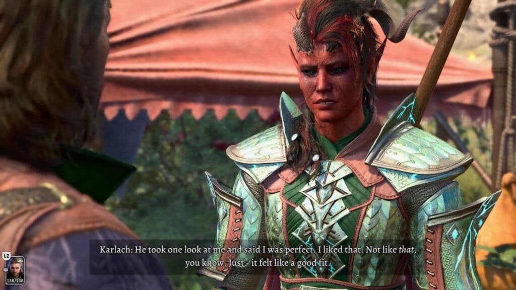Karlach equipped with heavy armor in Baldur's Gate 3 for a barbarian thrower build.