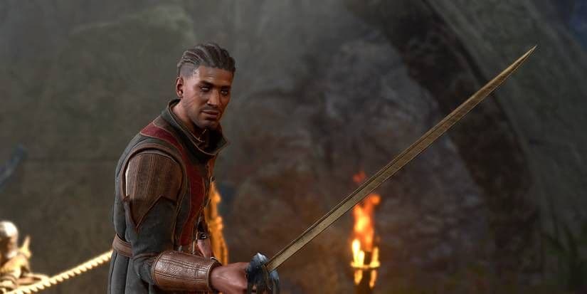 Wyll Ravengard in Baldur's Gate 3 holds a rapier in a battle stance.