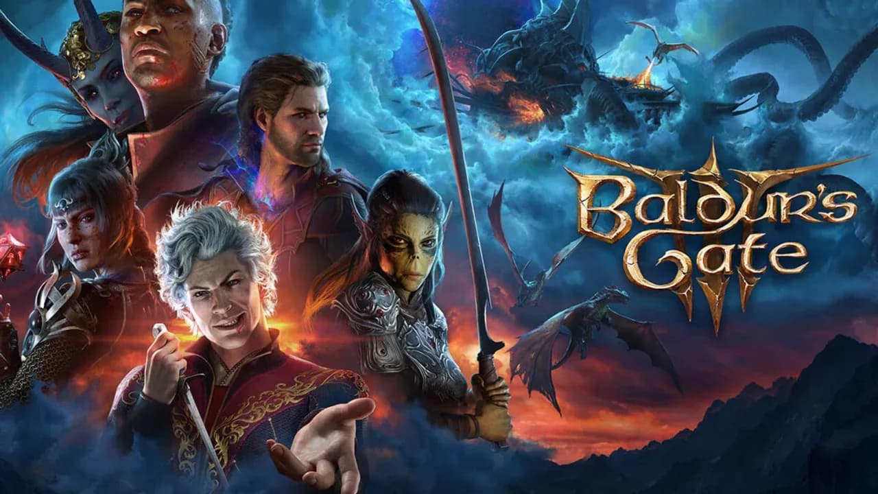 Baldur's Gate 3 party members including Wyll and Shadowheart stand before a dragon-filled sky in this beginner's guide.