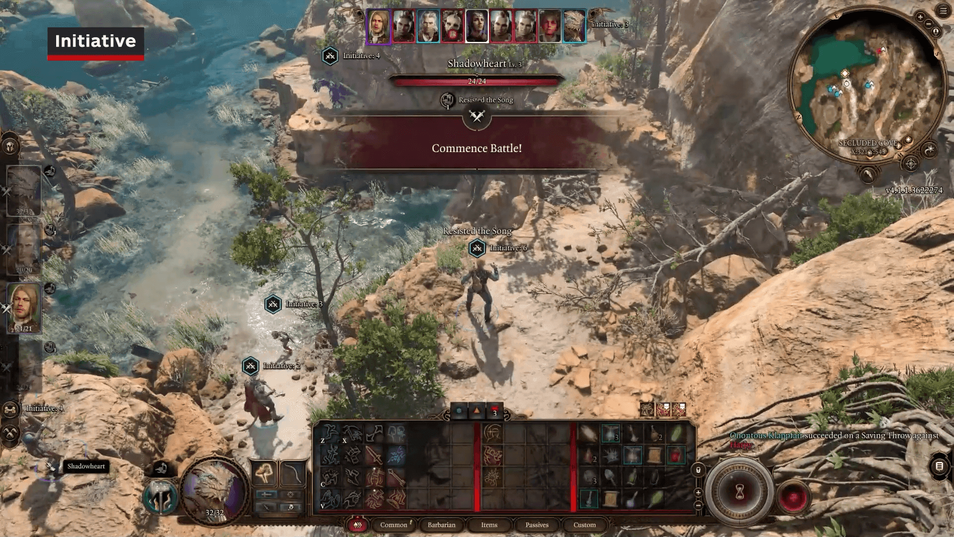 Baldur's Gate 3 turn-based combat interface showing initiative order and action icons.