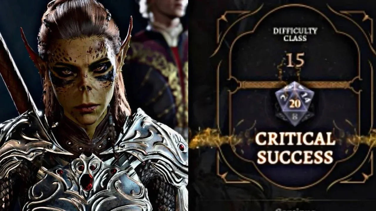 A female elf warrior in Baldur's Gate 3 stands next to a UI overlay explaining the core D20 dice roll mechanics.
