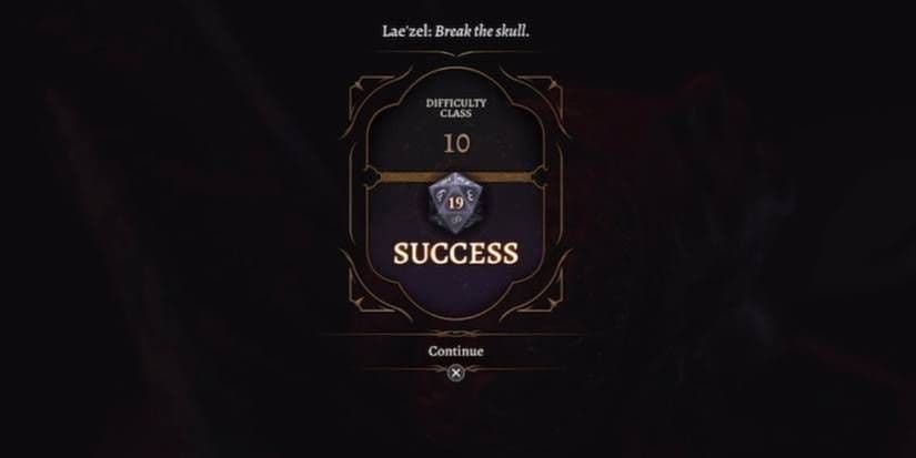 A successful dice roll in Baldur's Gate 3 showing the Difficulty Class and roll result.