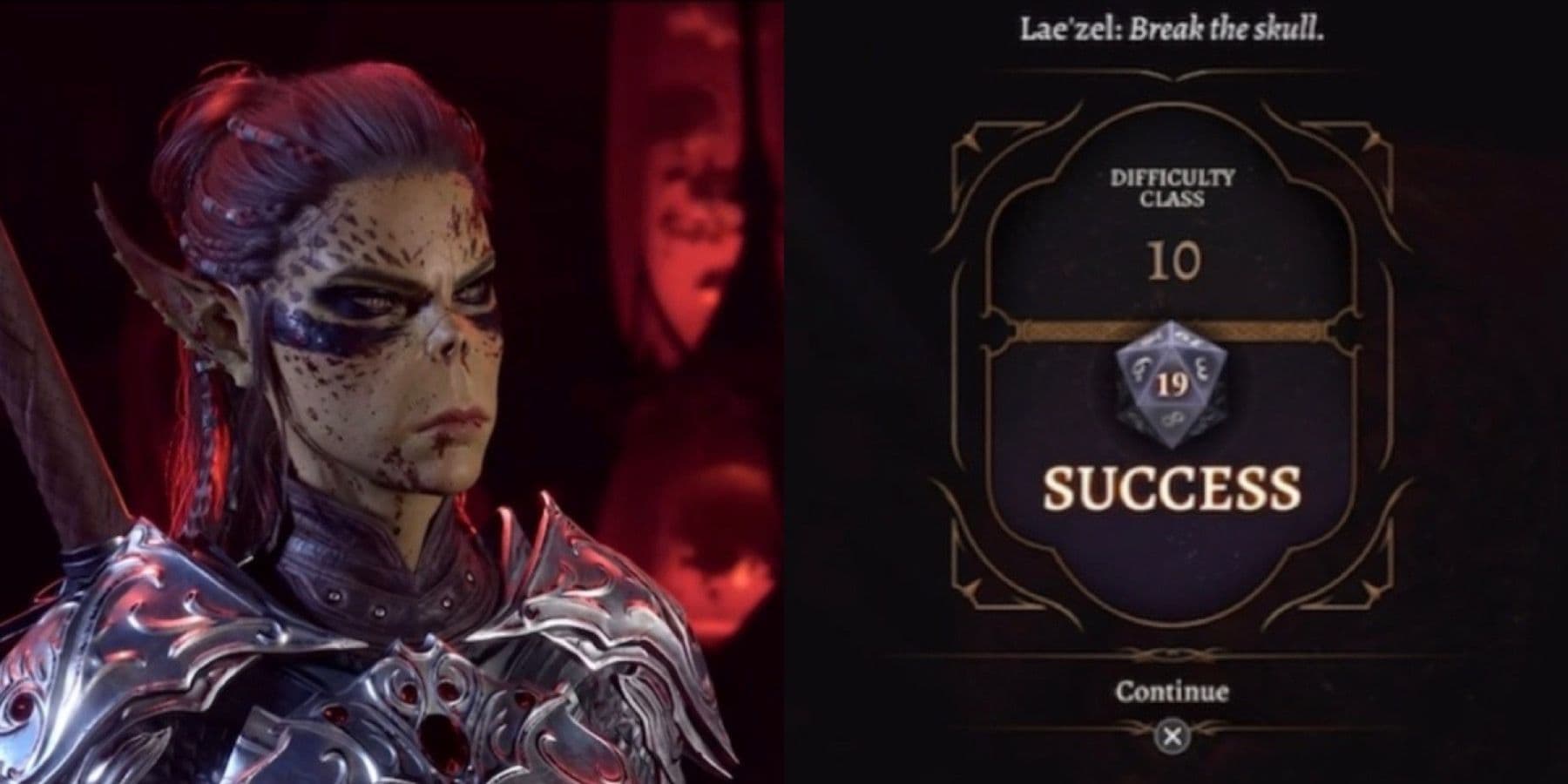 Lae'zel in Baldur's Gate 3 facing a successful d20 roll result screen during a dialogue event.