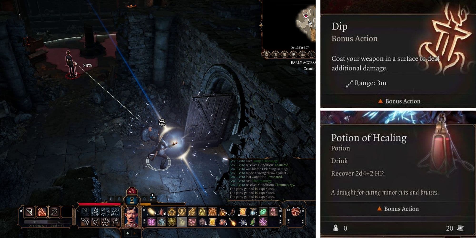 La interfaz de usuario de Baldur's Gate 3 muestra varias opciones de hechizos y menús de habilidades durante el combate.