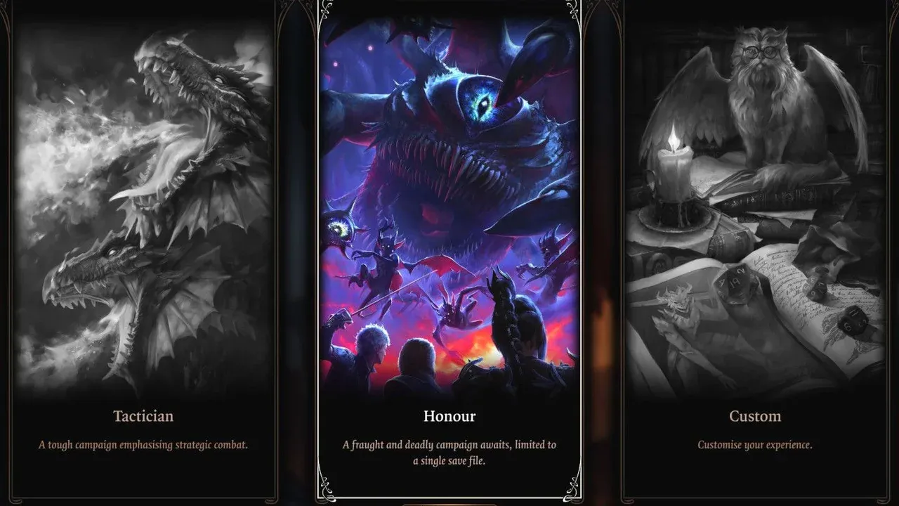 The Baldur's Gate 3 difficulty selection screen highlighting the challenging Honour Mode with its unique dragon artwork.