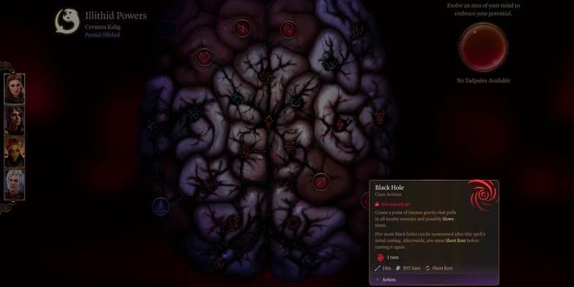 Interfaz de poderes Illithid de Baldur's Gate 3 mostrando la habilidad Agujero Negro y los nodos de habilidades circundantes.