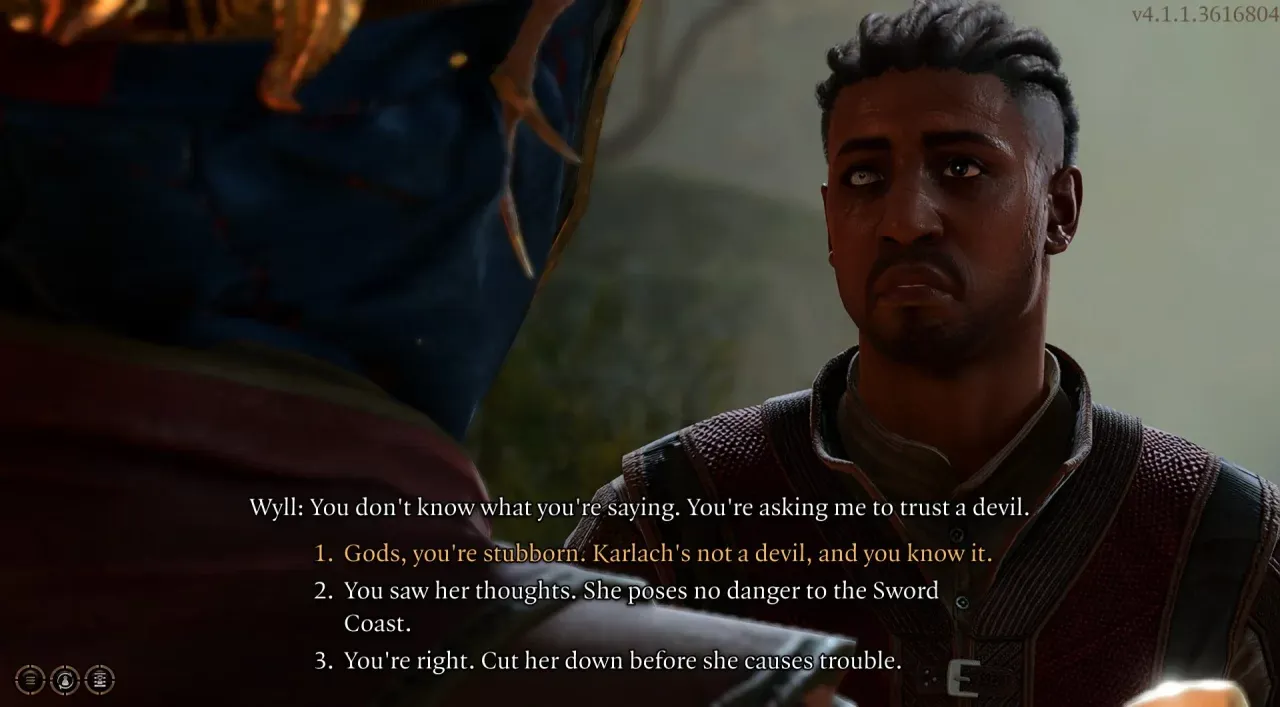 El menú de opciones de diálogo de Baldur's Gate 3 muestra la profunda agencia del jugador y los caminos narrativos ramificados.