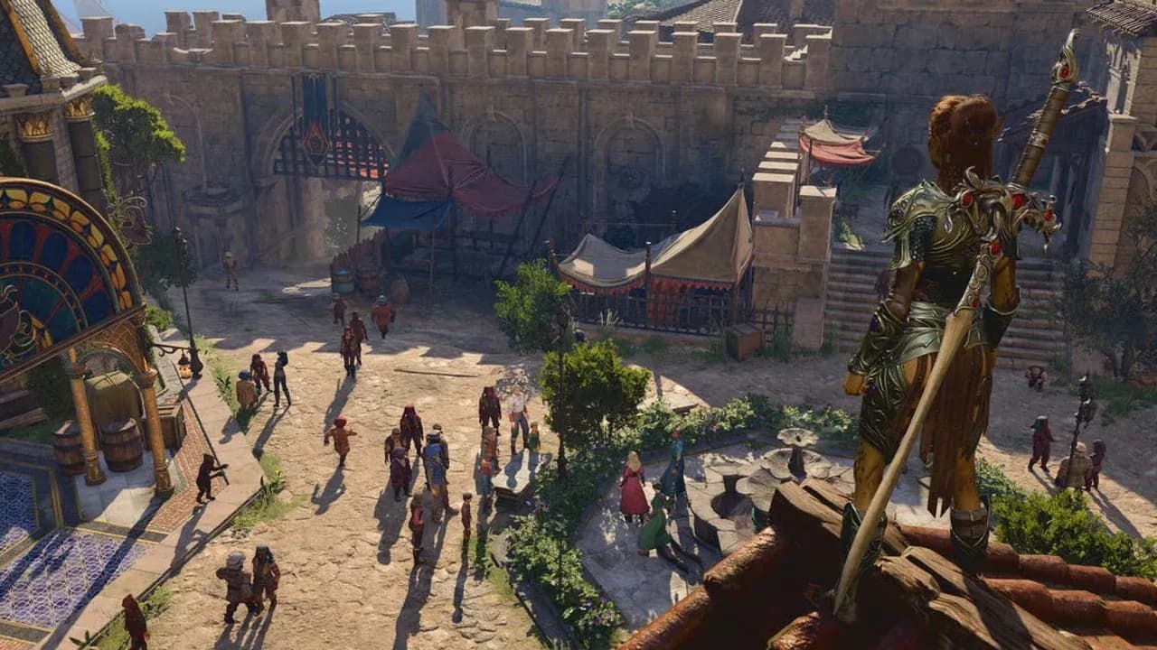 A vibrant and bustling town square in Baldur's Gate 3 features detailed medieval architecture and diverse NPCs.