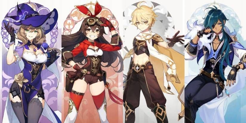 Genshin Impact characters Lisa, Amber, and Kaeya in their signature outfits and poses.