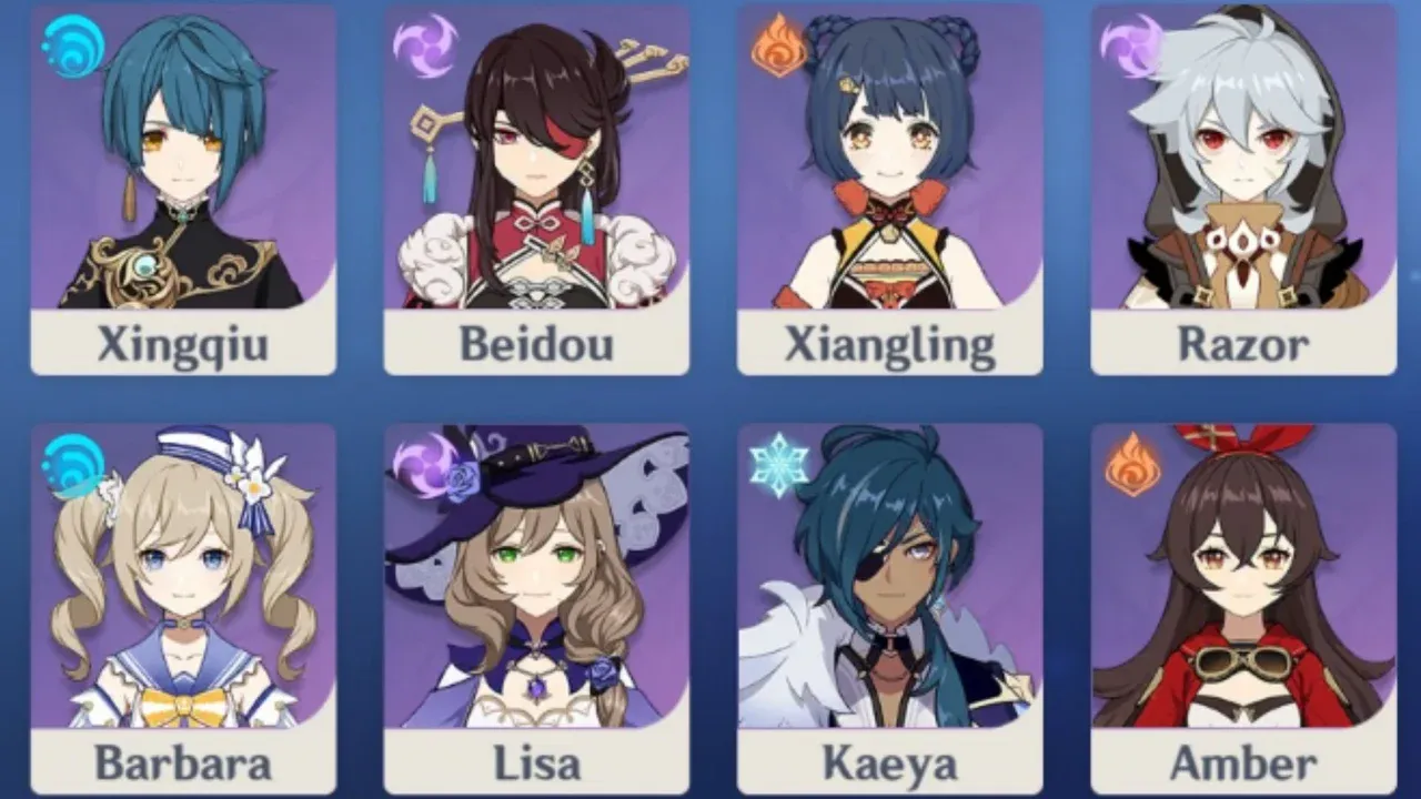A lineup of free Genshin Impact characters including Traveler, Amber, Kaeya, Lisa, and Barbara for weapon selection.