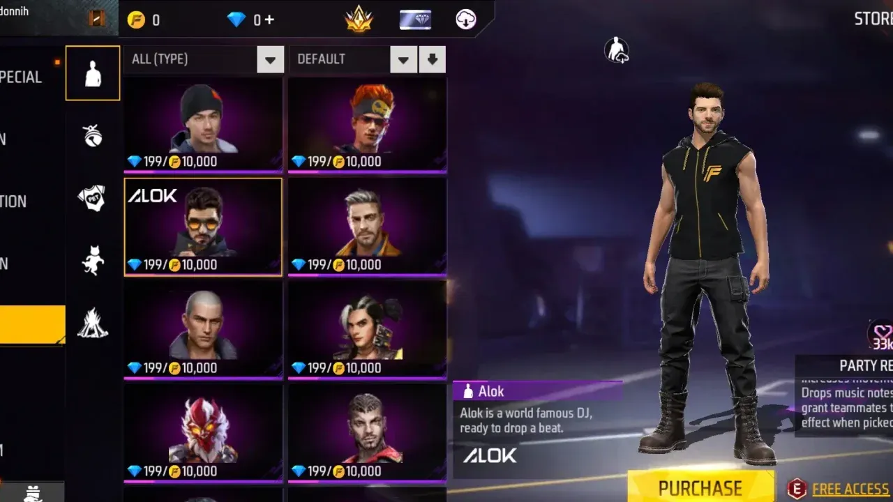 The Free Fire character DJ Alok in the game menu highlighting his Drop the Beat ability and stats