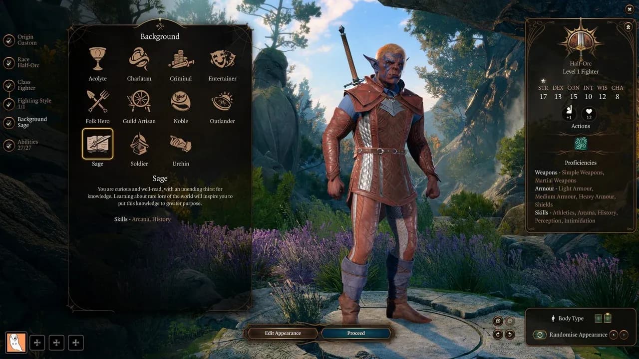 A Half-Orc Fighter in Baldur's Gate 3 standing in a lush environment during the character creation process.